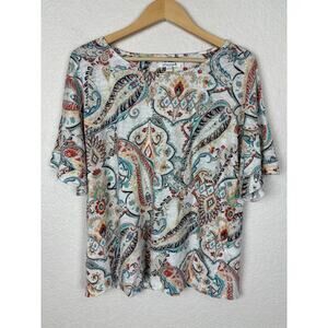 Chico's 100% Linen Women’s Top Sz 3/XL Paisley Boho‎ Earthtones Boxy Office Work